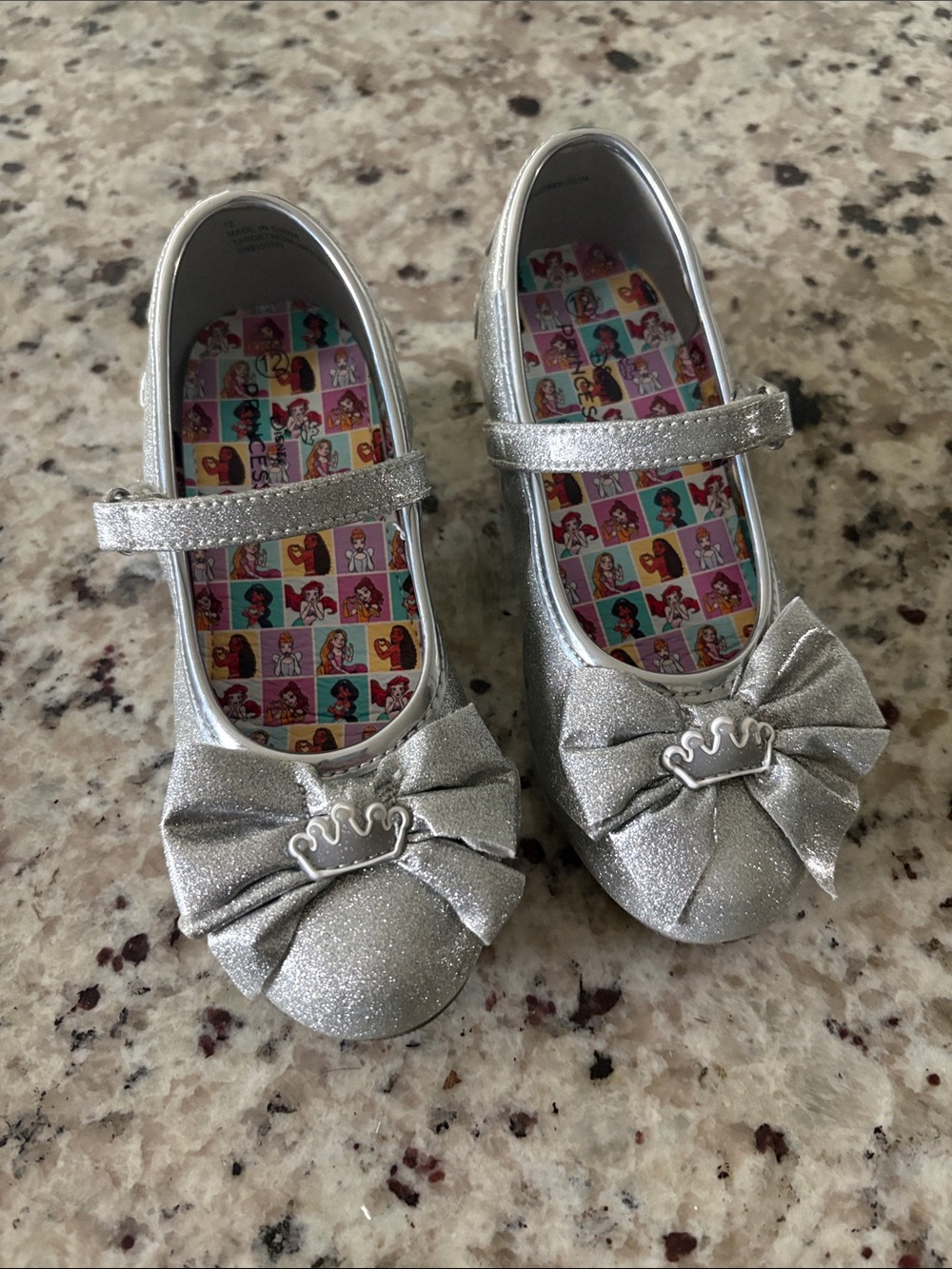 Disney Silver Glitter Mary Jane Shoes with Bow and Crown Accent